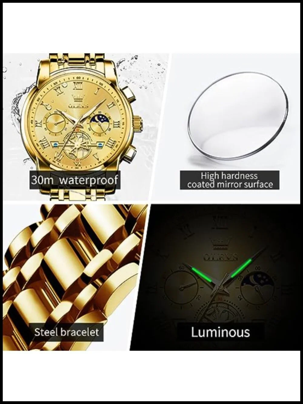 Luxury Waterproof Big Face Stainless Steel Multifunction Mens Watch